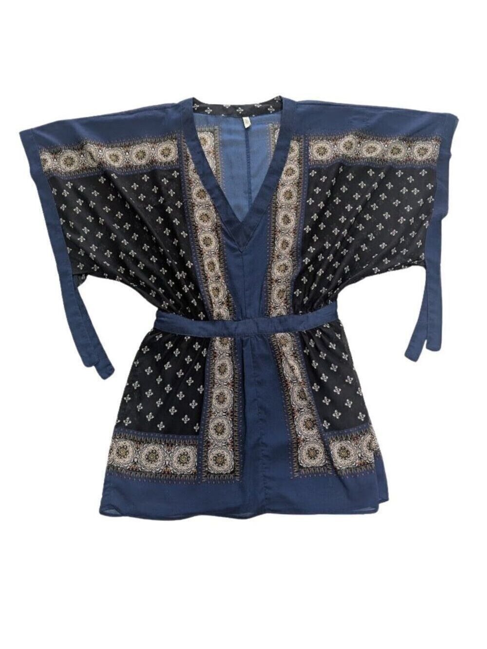Free People Santa Cruz Kimono Dress Blue Boho Indie Festival Belted *SZ S P